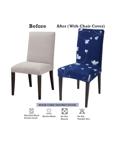 Image of Gifts Island Polyester Floral Print Dining Table Chair Cover Set of 6 Seater Stretchable Washable Chair Seat Slipcover Protector (Navy Blue)