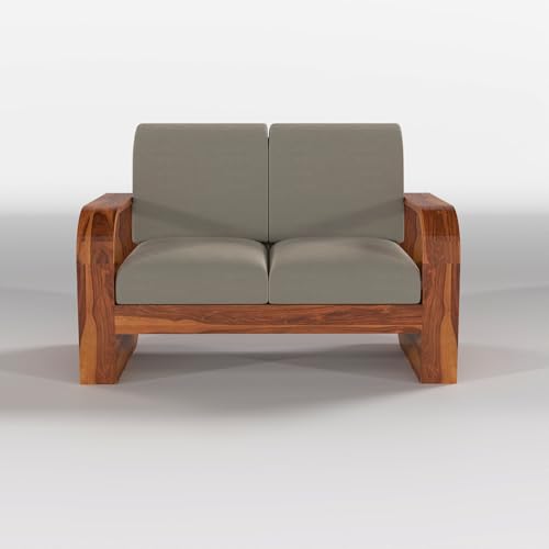 Image of Solid Sheesham Wooden 2 Seater Sofa Set with Light Taupe Cushion for Living Room Furniture - Honey Finish