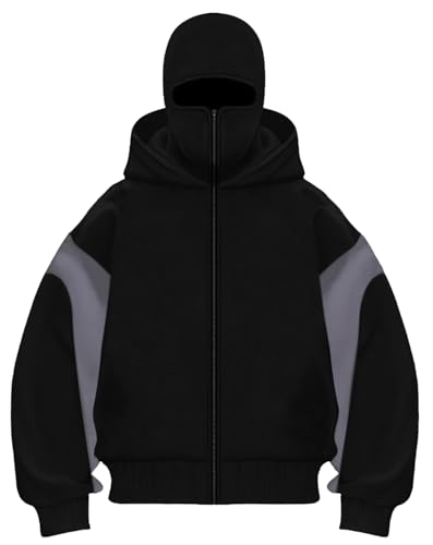 PADOLA Balaclava Zip Hoodie Herren Ninja Kapuzenpullover mit Sturmhaube...