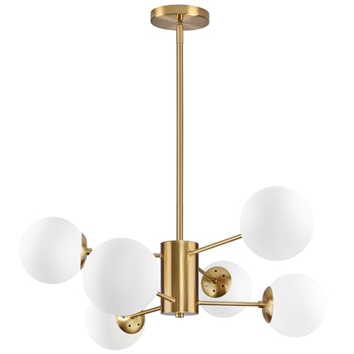 Bagood 6-Light Globe Sputnik Chandelier Milk Glass Modern Gold Chandelier Light Fixture Mid Century Sputnik Chandeliers Pendant Light Frosted Globe Adjustable Hanging Ceiling Light for Entryway