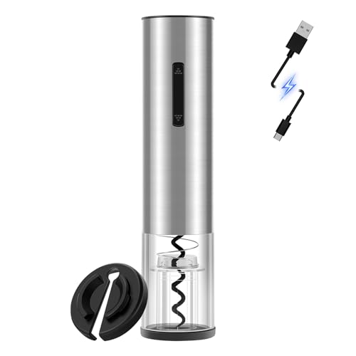 QIKPCK Electric Wine Opener Rechargeable–USB-C Charging, Wine Opener Electric with Foil Cutter, Electric Wine Bottle Opener, Electric Corkscrew Wine Opener, Stainless Steel, Must-Have for Wine Lovers
