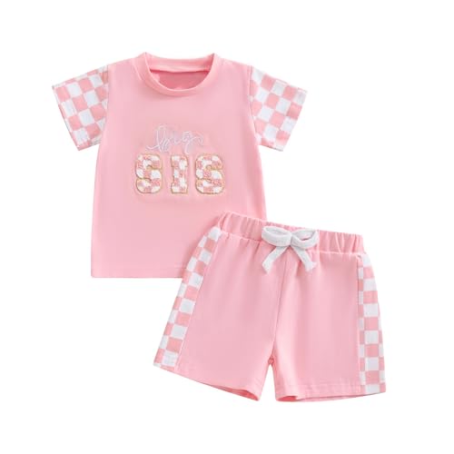 CHAUKAREAUL Big Sister/Brother Little Sister/Brother Matching Outfit Letter Embroidered Crewneck Short Sleeve Shirt Shorts (Pink-big sis, 18-24 Months)