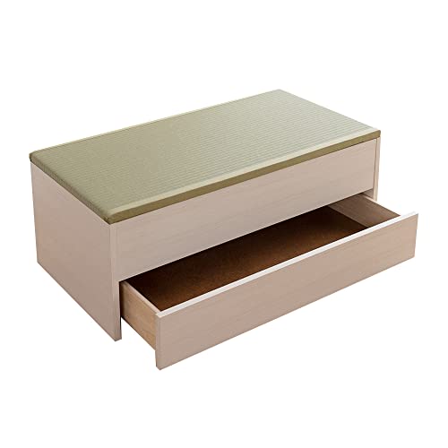 こうひん 日本製 和風 畳ベンチ『プルーナ 引出収納タイプ』 約 幅100cm 奥行50cm 高さ38cm フレームカラー:ホワイト 【収納スペース+引出付き・簡単組立】 (畳:樹脂製 グリーン アンモニア消臭機能付き)