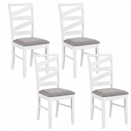Image of COSTWAY Wooden Dining Chairs Set of 4, Farmhouse Kitchen Side Chair with High Back, Fabric Padded Seat, Armless Chairs for Dining Room, Living Room, Home Kitchen, Restaurant (White & Grey)