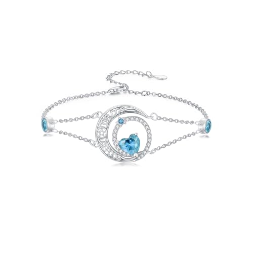 Image of Dorunmo 925 Sterling Silver Moon Heart Birthstone Anklet Bracelets for Women Best Mother's Day Birthday Jewelry for Wife Girlfriend Mom Her