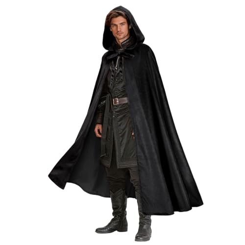 Magibag Medieval Velvet Hooded Cloak Renaissance Cape with Hood Halloween Cosplay Costume Women Men (Black)