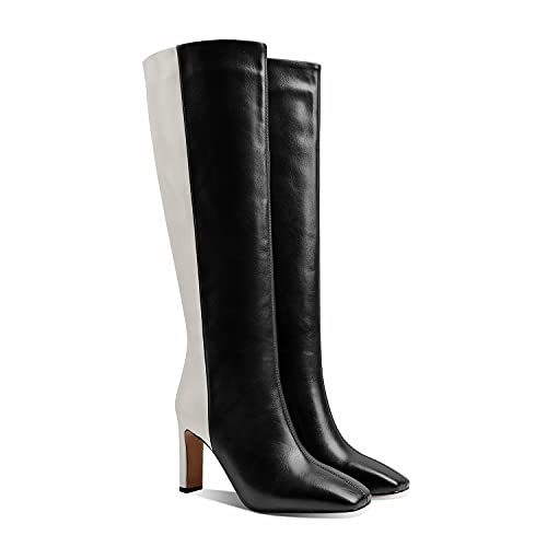 MOOMMO Chunky High Heel Boots Knee High Wide Calf for Women Square Toe Two Tone Combat Boots Pull On Matte Leather Patchwork Dress Boots Office Ladies Formal Casual Party 4-11 M US