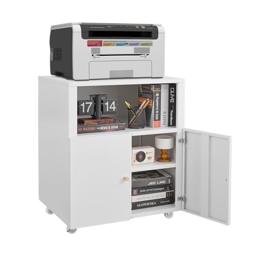 DKYNDSYN Metal Printer Stand with Storage, Heavy Duty Rolling 3D Printer Cabinet with Doors and Adjustable Shelves, Large Printer Table Stand with Wheels for Office Copier Fax, White