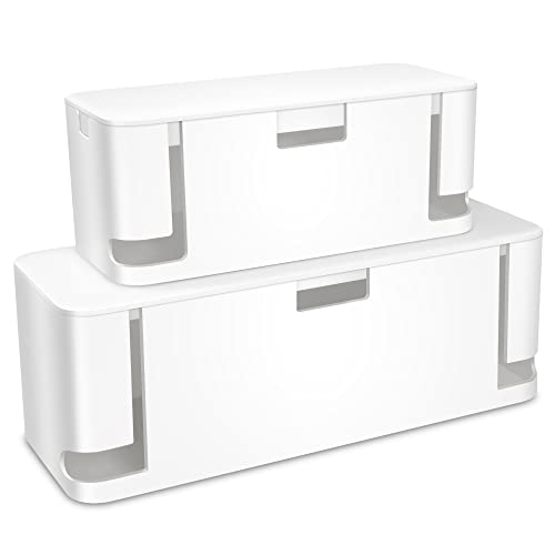 Image of ZhiYo 2 Pack Cable Management Box, Medium & XL, Power Strip Organizer White | Hidden Rear Cable Routing, Durable ABS Construction, Fits Power Strips Up to 13.4 inch, Ideal for Desks, TV Areas & Floor Corners