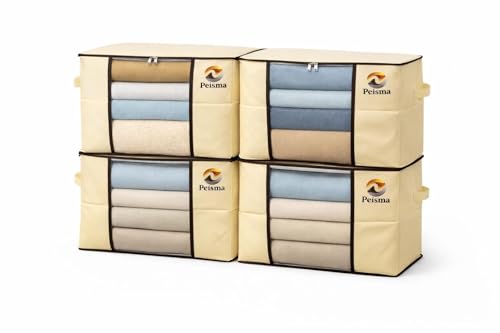 Peisma | Cajas de Almacenaje Ropa Grande 90L (Pack de 4) | Organizador Armario 60×40×35 cm con Ventana y Cremallera | Bolsas Canapé para Mantas, Sábanas, Ropa de Temporada