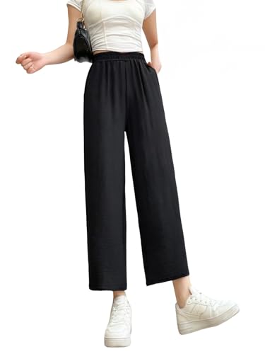 Pulisa Pants for Women, Perfect Drape High Rise Pull On Stretch Loose Pants, Ice Silk Elastic Waist Wide-Leg Ankle Trousers