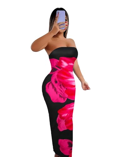 Image of Sliot Floral Print Strapless Bodycon Maxi Dress - Sexy Summer Beach Dress for Women, Tropical Vacation Sundress, Club Party