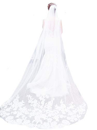 U-Hotmi Lace Applique Edge Cathedral Veil Long Party Wedding Veil 3 Meter Bridal Veil with Comb, White