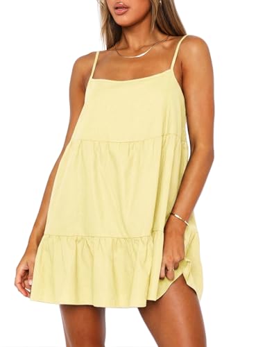 Image of OZICERD Flowy Short Sundress Mini Babydoll Dresses for Women Going Out Tiered Ruffle Beach Spaghetti Strap Swing Dress Cute