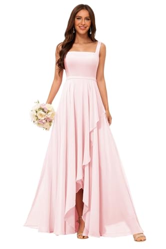 Image of Elegant Chiffon Bridesmaid Dresses with Slit 2025 Square Neck Formal Evening Dress with Pockets TM149