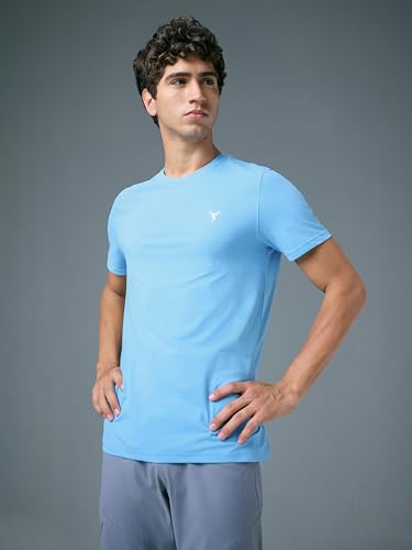 Image of TECHNOSPORT Men's Slim Fit Solid Crew Neck T-Shirt, Cotflex Quick Dry Wrinkle Resistant Polyester Sports Tee for Gym, Running, Training, Sports