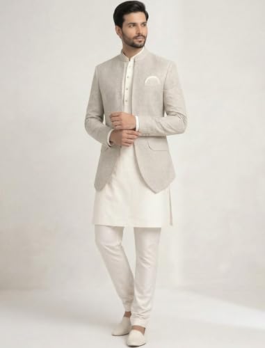 Image of Amzira Men's Jacquard Koti Kurta Set | Mandarin Collar | Full Sleeves Ethnic Wear | Festive & Wedding Traditional Outfit for Men