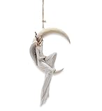 Wind & Weather Angel Sitting on Crescent Moon Indoor/Outdoor Hanging Sculpture/Ornament, Contemplative Angel, Suspend from a Branch or in a Window, Resin, 6¾'L x 3½'W x 14¼'H