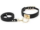 Lookook Womens Fashion O Ring Choker Faux Leather Collar (Black Gold with Leash)