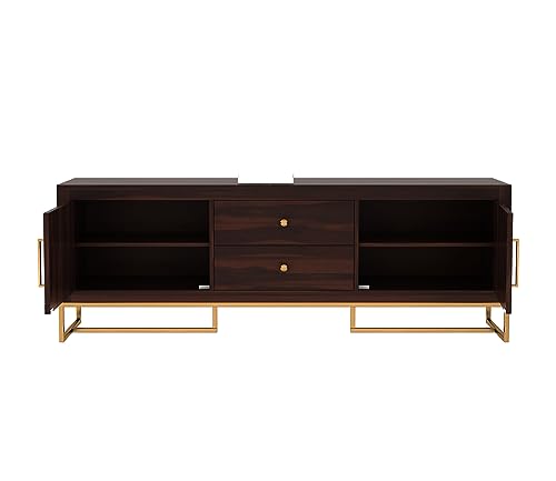 Image of Premium Solid Sheesham Wood TV Unit with 2 Drawers, 4 Shelves, and 2-Door Storage - Accommodates up to 65-Inch TV - Ideal for Living Room (Cobalt, Walnut Finish)