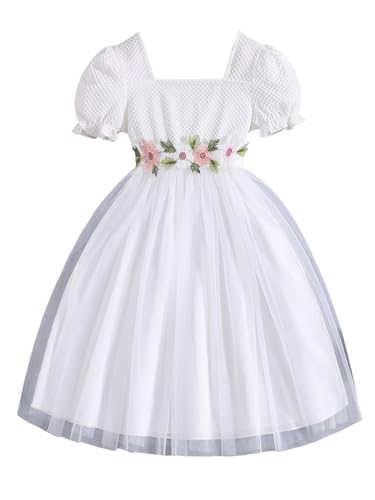 Verdusa Girl's Floral Puff Sleeve Mesh Dress Tie Waist Square Neck Flowy Midi Dresses
