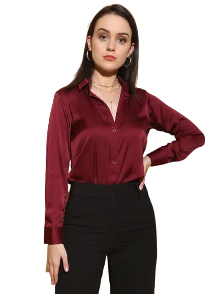 Image of Bowrain Satin Silk Fabric Spread Collar Full Sleeve Top Shirt for Women and Girl
