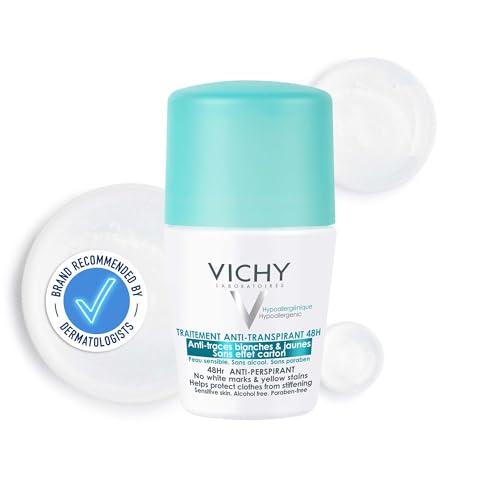 Vichy Deodorant 48 Hr Anti-Perspirant Roll-On For Daily Use on Sensitive Skin No Trace White Marks or Yellow Stains Hypoallergenic Paraben Free and Alcohol-Free 50ml