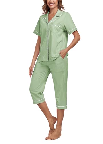 Image of COLORFULLEAF 100% Cotton Capri Pajama for Women Set Summer Short Sleeve Pj Sets for Women Cotton Sleepwear