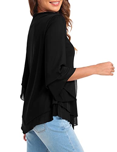Comdecevis Women's V-Neck Chiffon Blouse Flowy Bell Sleeves Tops Summer Elegant Casual Solid Shirts Black #TOP3