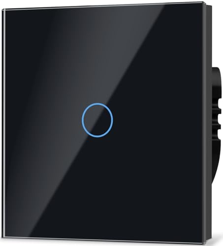 TAWOIA Normaler Lichtschalter, Wandlichtschalter, Standard 110 V-240 V, 86 x 86 mm Gehärtete Kristallplatte mit LED Hintergrundbeleuchtung 1 Fach 2 Weg Touch Lichtschalter,1000W,Schwarz