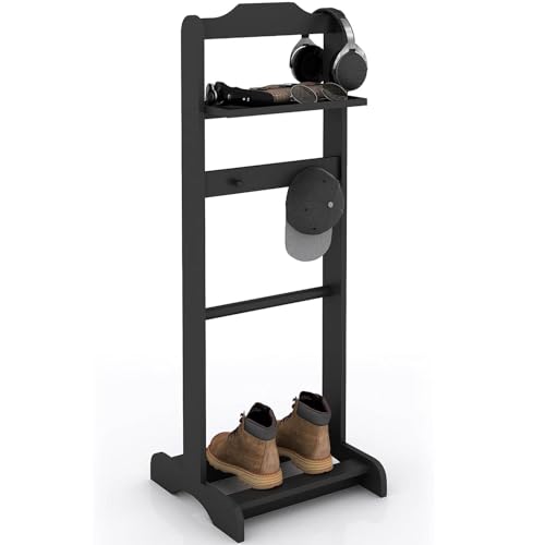 BESTXH Puesto De Aparcacoches para Los Hombres, Soporte para Sombrero, Perchero, Ganchos para Corbatas Y Cinturones Y Zapatero, GaláN De Noche para Traje con Bandeja Superior,Negro