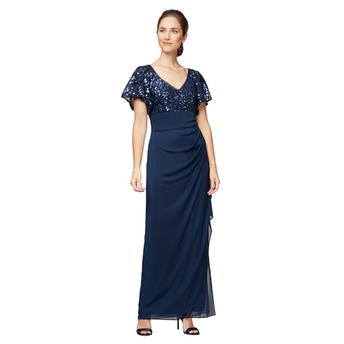 Alex Evenings Women's Flutter Sleeve Long Mother of The Bride Dress with Ruched Empire Waist (Petite and Regular Sizes)