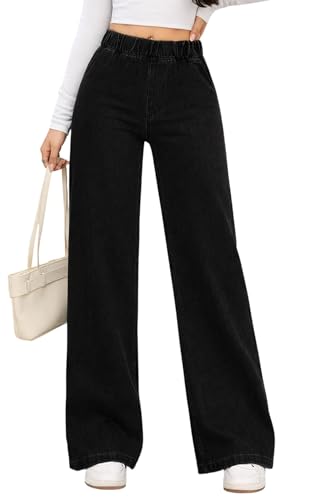 Image of ADBUCKS Women's Stretch Denim Wide Leg Jeans Comfort Fit with Elastic Waistband, Straight Cut, Casual Style for All Seasons, Versatile Clothing