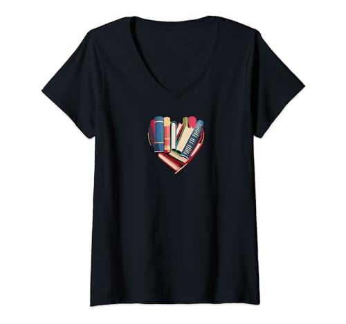 Womens Cute Heart Book Lover Read Valentines Lovers V-Neck T-Shirt