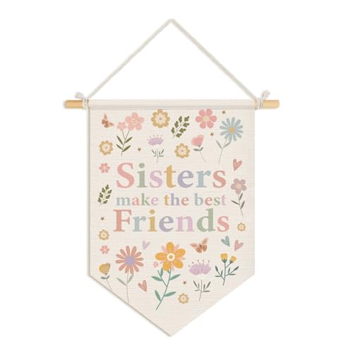 Wheatwin Girls Room Decor, Sisters Make the Best Friends Wall Hanging Pennant Flag Banner, Boho Pastel Floral Wall Decor for Nursery Toddler Baby Little Girls Bedroom Playroom 15x11 Inch