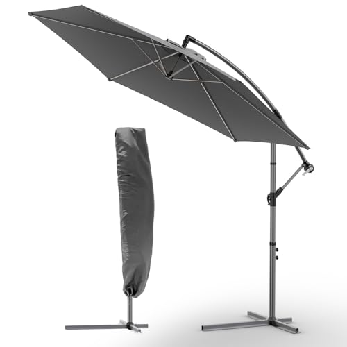 VOUNOT 300 cm Parasol Excentrico, Sombrilla de Jardín con Manivela y Funda Protectora, Protección UV, Gris