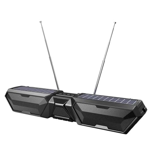 Quystetes Altavoz Solar Bluetooth, Estéreo Inalámbrico, Altavoz Exterior con Antena Dual, Cargador de Teléfono, Soporte para Teléfono TF, FM, USB, Color Negro