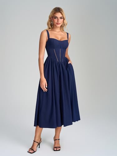 Image of KUTUMAI Floral Corset Midi Dress Flowy Slit Summer Spring Wedding Guest Dresses for Women Sundress with Pockets