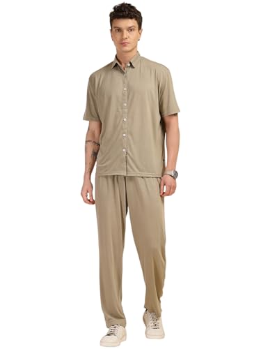 Image of Thomas Scott Men's | Relaxed Fit | Solid | 100% Polyester | Co-Ord Set With Short Sleeves & Spread Collar