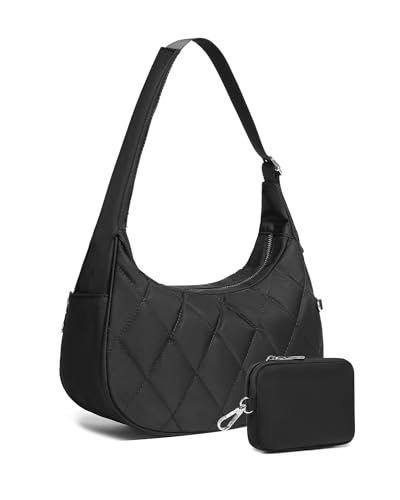 BAVERGE Nylon Crescent Bag Women Small Quilted Shoulder Purse Women's Hobo Handbag with Coin Wallet Mini Tote