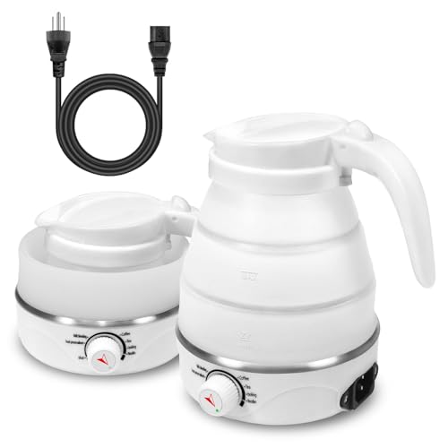 WONDER POINT Collapsible Travel Electric Kettle Quick Heating 600W Foldable Kettle for Boiling Water, Portable Outdoor Travel Must-have for Tea & Coffee Dishwasher-safe Silicone,110V 600ml (White)