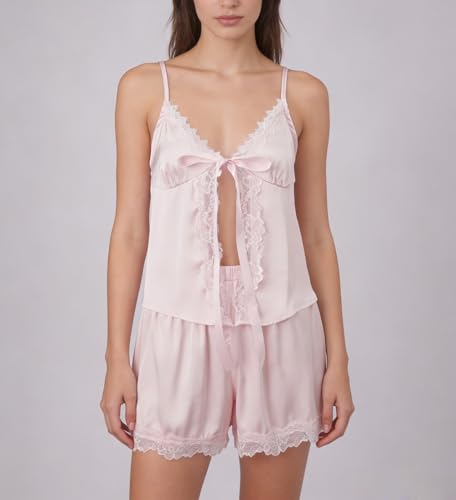 Image of ROAONOCOMO Women Lace Trim Pj Shorts Set Square Neck Coquette Tank Top Silk Satin Pajama Set Babydoll 2 Piece Shorts Outfit