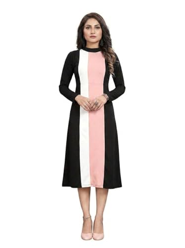Image of LONDON BELLY Women's Poly Cotton Maxi Dress with 3 /4 Sleeves Round Boat Neck Striped Pattern Regular Fit and Calf Length | Womens Maxi Dress Cotton | Stylish Trending Dresses for Woman