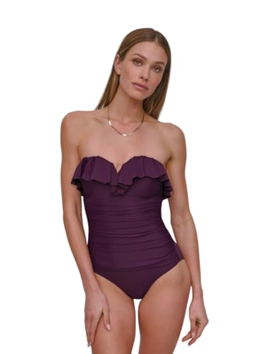 DKNY Women's Pin-up Ruffle Bandeau One Piece Swimsuit with Tummy Control, Port, X-Large