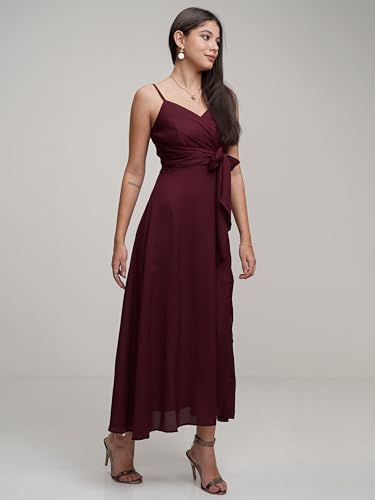 Image of Tokyo Talkies Women's Maxi Length | Strappy Design | High Slit | Flowy Silhouette Glamorous | Bold Thigh-High Slit for Effortless Elegance