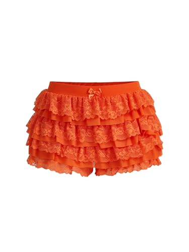 Women Y2K Lace Multi-Layered Bloomers Lolita Ruffle Shorts Sexy Short Pumpkin Pants Elastic Waist Sweet Pettipants (US Alpha X-Large Regular Regular Orange)