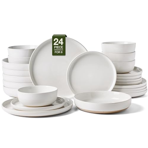 Image of Famiware Milkyway Stoneware Dinnerware Sets with Pasta Bowls, Service for 6 (24 Pieces), Plates and Bowls Sets -Scratch Resistant, Microwave and Dishwasher Safe Dishes Set, White