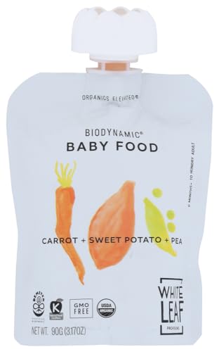 White Leaf Provisions Organic Purees / Baby Food Pouches - Fruits, Veggies & Grains, Toddler snack, Regeneratively Farmed, No Added Sugar, Non-GMO, BPA-Free Pouches 3.17 oz (Pack of 24, Carrot + Sweet Potato + Pea