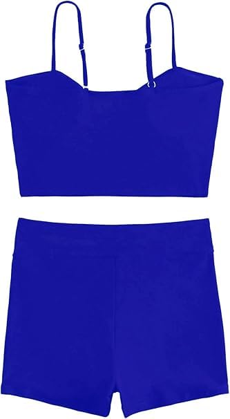 Image of Women's 2-Piece Swimsuit Set, Royal Blue, Ruched Crop Top with Spaghetti Straps and High Waist Shorts