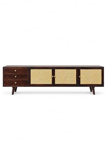 Image of Premium Solid Wood, 10 Minutes Assembly (Legs Only), Aesthetic Rattan Doors, Mid Century Entertainment Center for Living Room, TV Stand for 65 inch TV, Dark Chocolate (Dark Walnut)